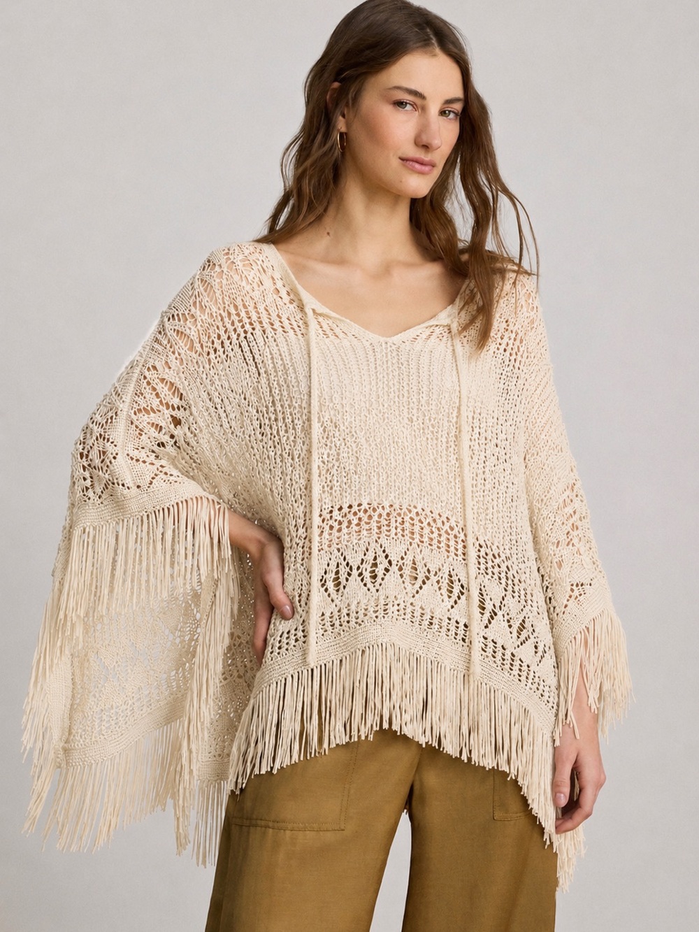 Denim & Supply Ralph Lauren Crochet Fringe Cape Poncho Cream Medium
